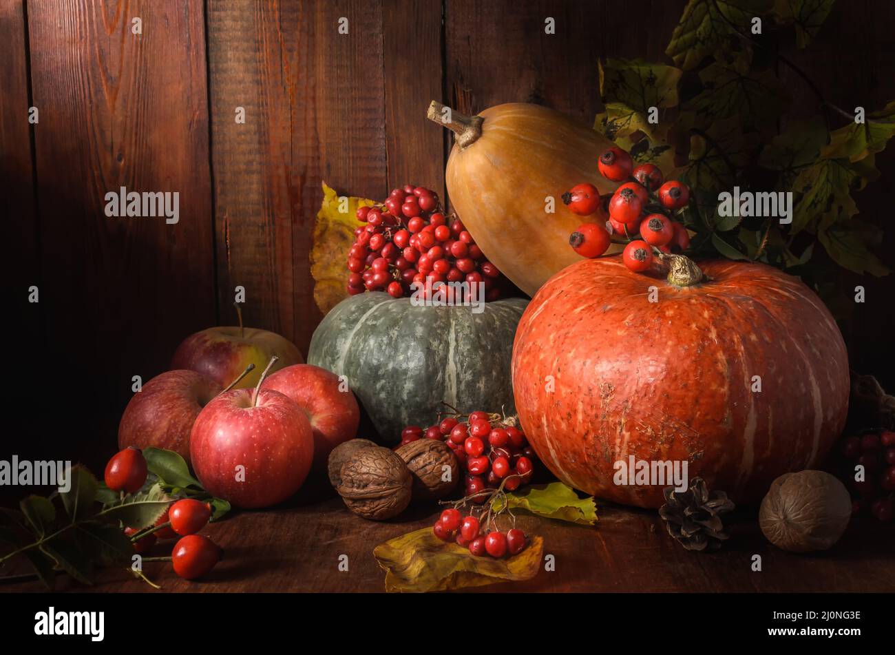 Apples and pumpkin on a dark wooden background in a rustic style Stock Photo