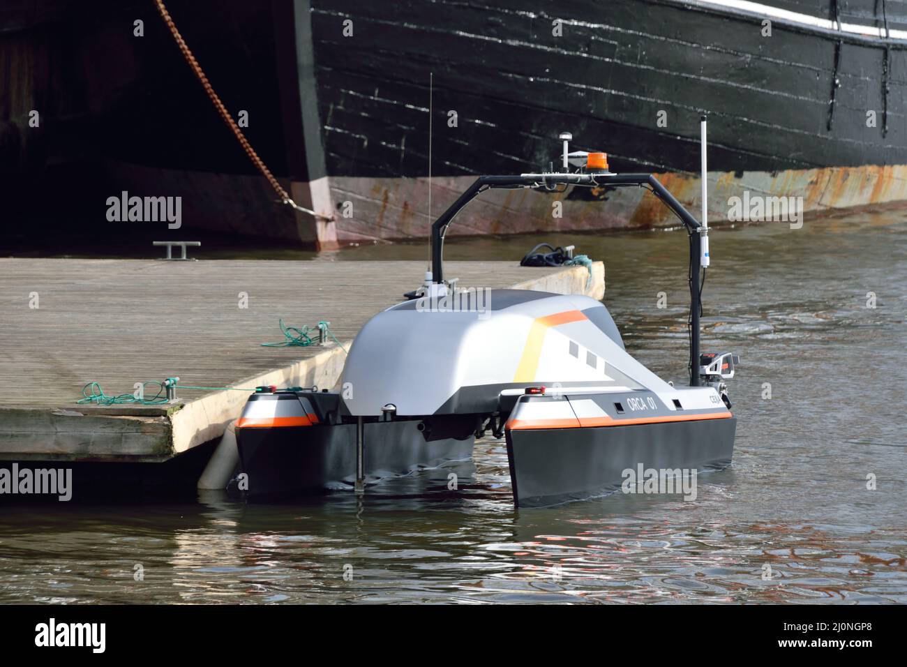 CEiiA's Orca 01 Uncrewed Surface Vessel (USV) operating in the Royal Victoria Dock in East London during the Oceanology International 22 trade event Stock Photo