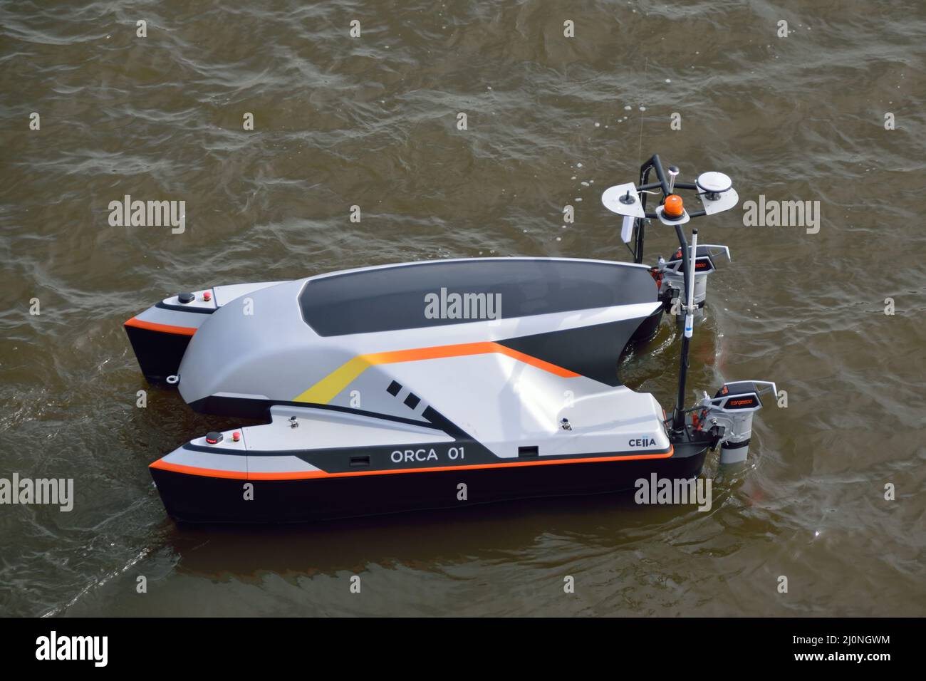 CEiiA's Orca 01 Uncrewed Surface Vessel (USV) operating in the Royal Victoria Dock in East London during the Oceanology International 22 trade event Stock Photo