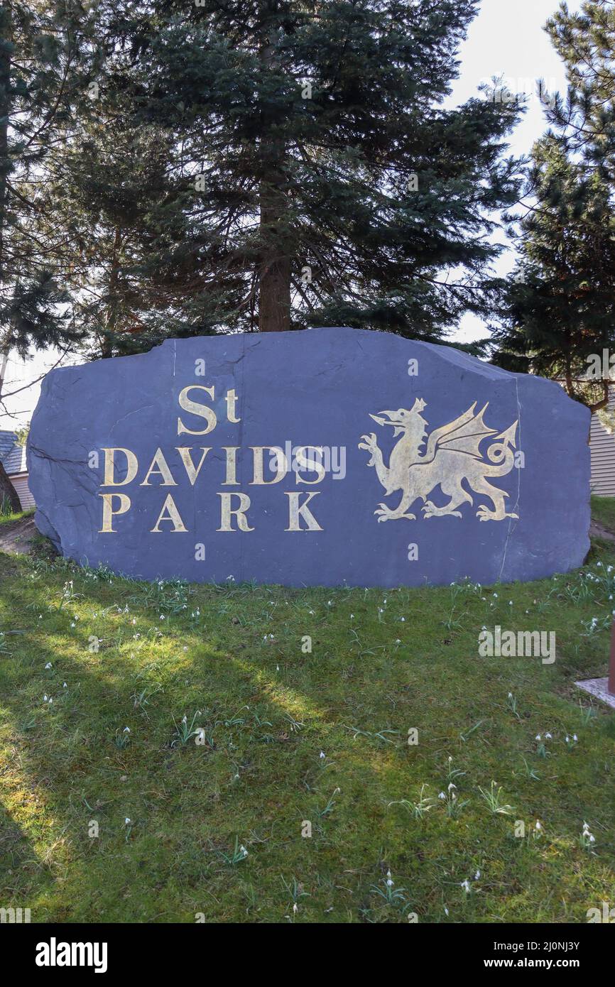 Signage at St Davids Park, Ewloe, North Wales, including Welsh dragon