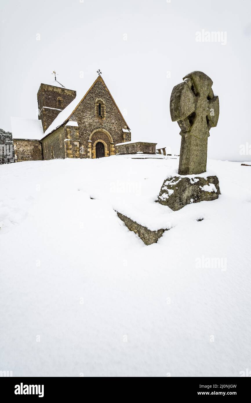 First snow in England Church of St Martha-on-the-Hill Surrey Europe Stock Photo
