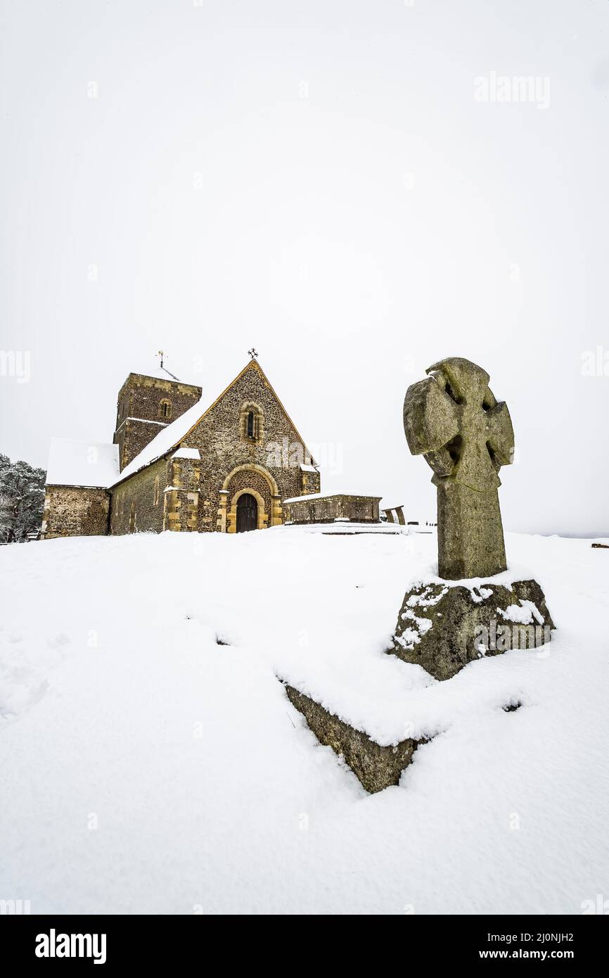 First snow in England Church of St Martha-on-the-Hill Surrey Europe Stock Photo