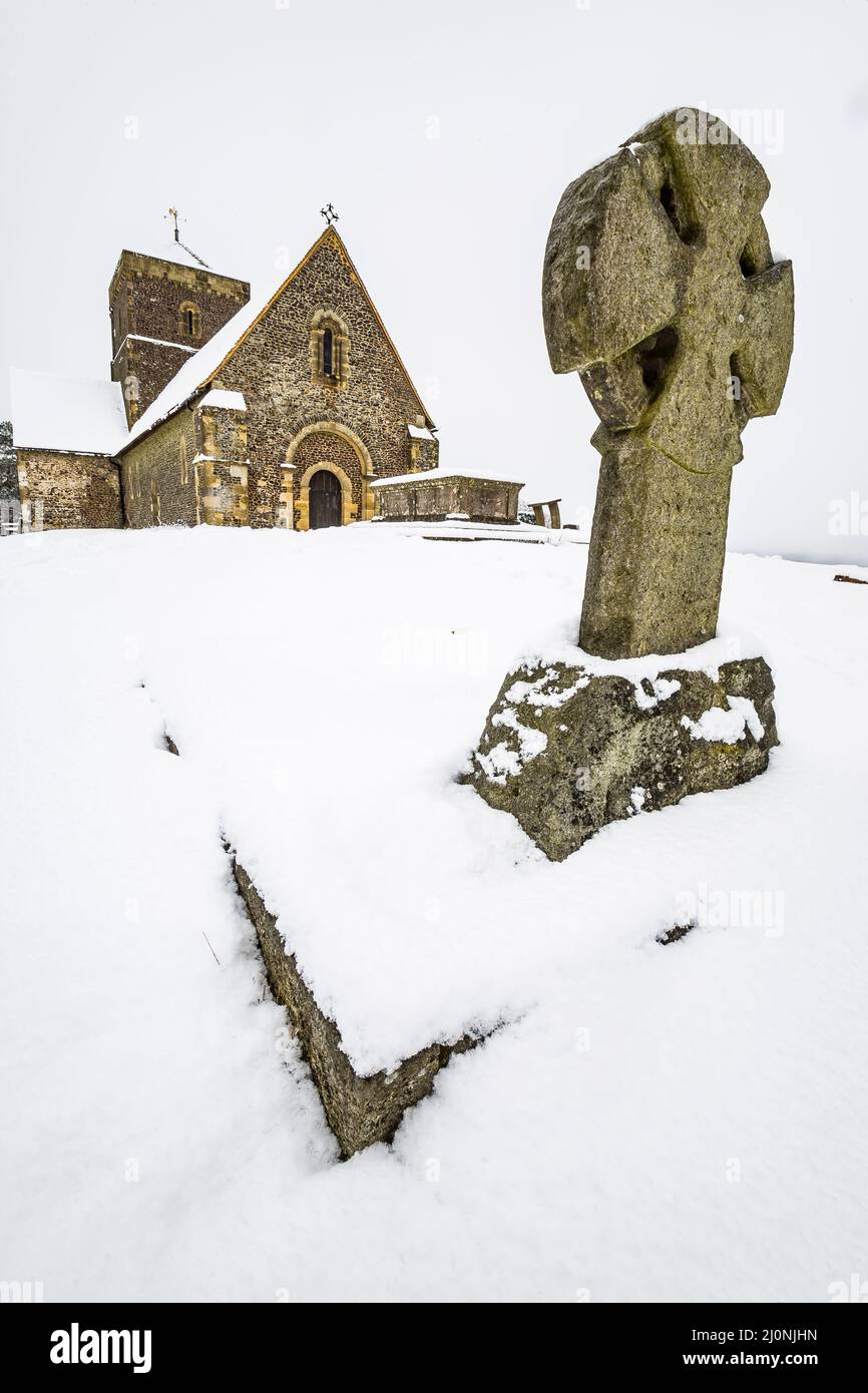 First snow in England Church of St Martha-on-the-Hill Surrey Europe Stock Photo