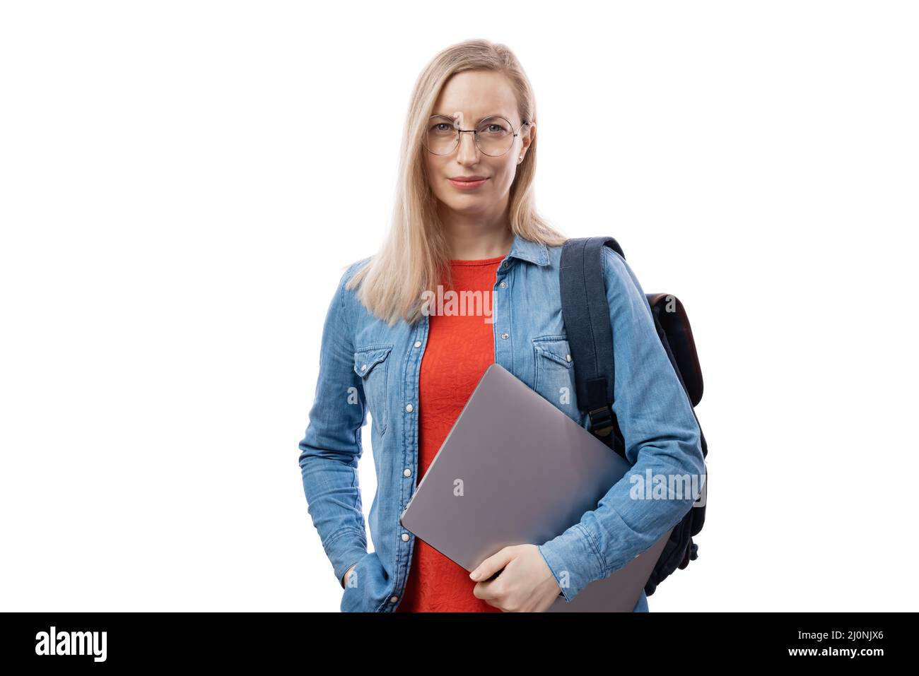 Female student in studio with laptop Stock Photo