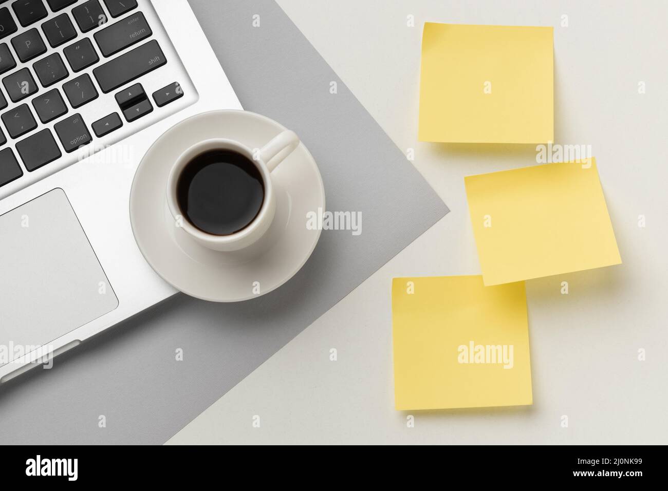 Top view office desk assortment with post its. High quality and resolution beautiful photo concept Stock Photo