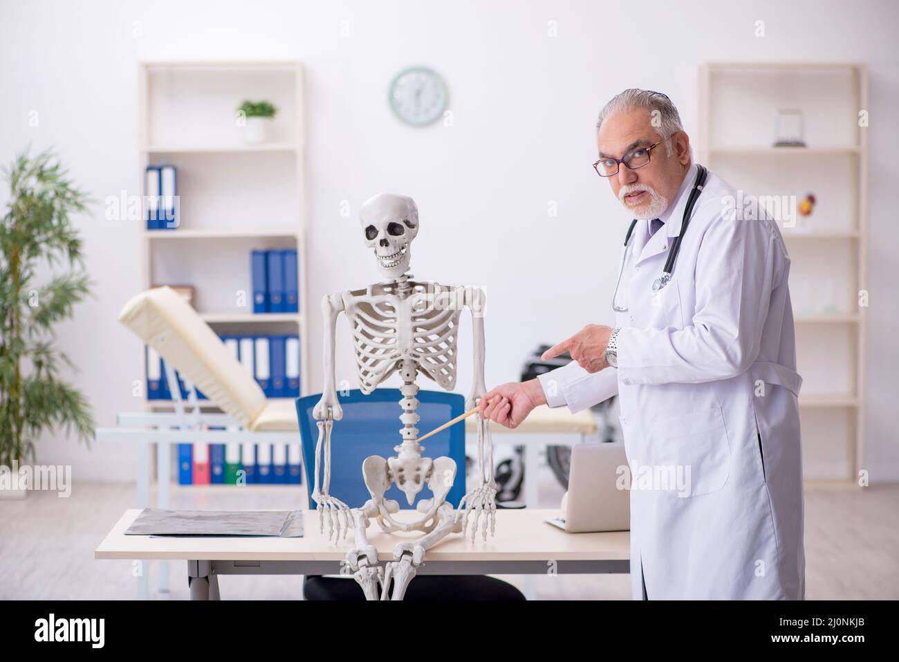 Old male doctor demonstrating human skeleton Stock Photo
