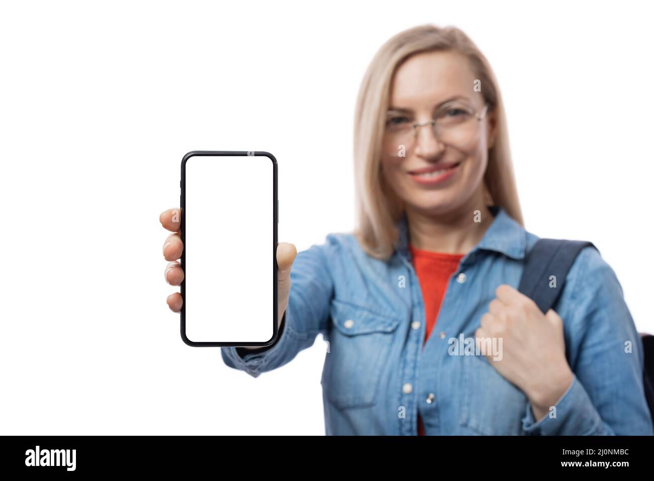 Woman holding white screen mobile Stock Photo