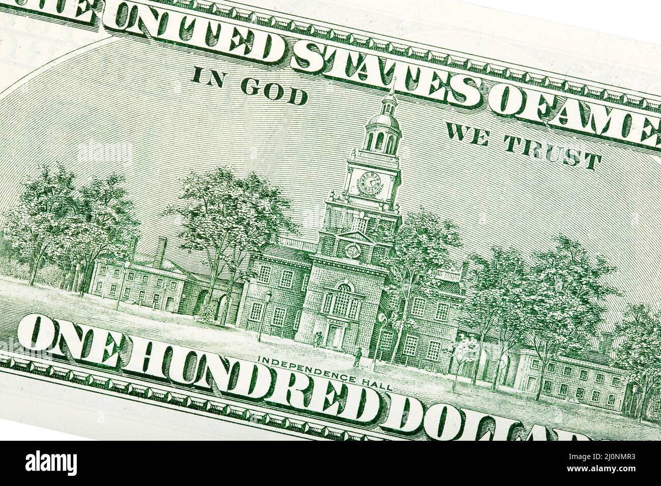 Back of old one hundred dollar bill on white. Stock Photo