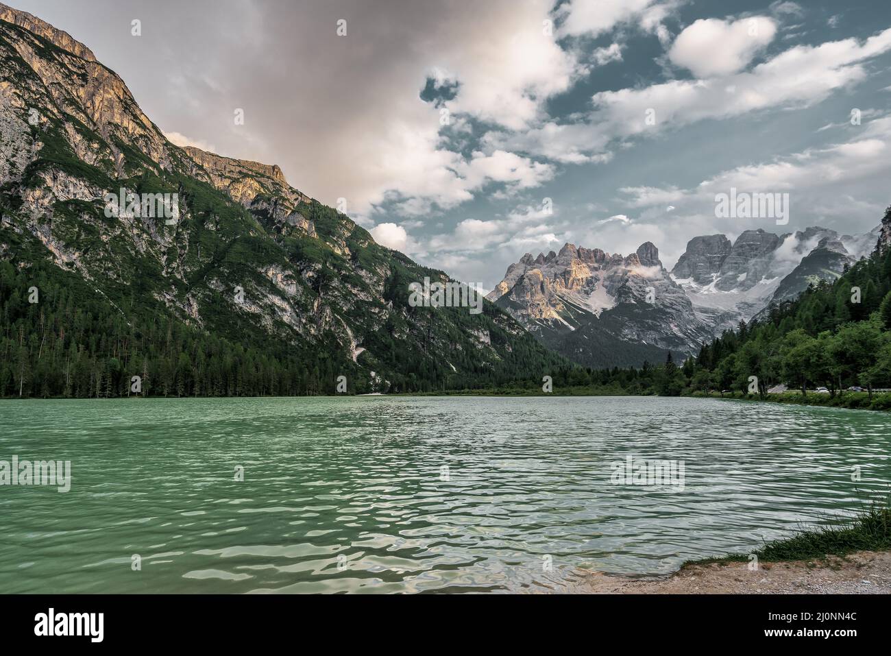 View over the lake to the south into the Ampezzo Dolomites Stock Photo
