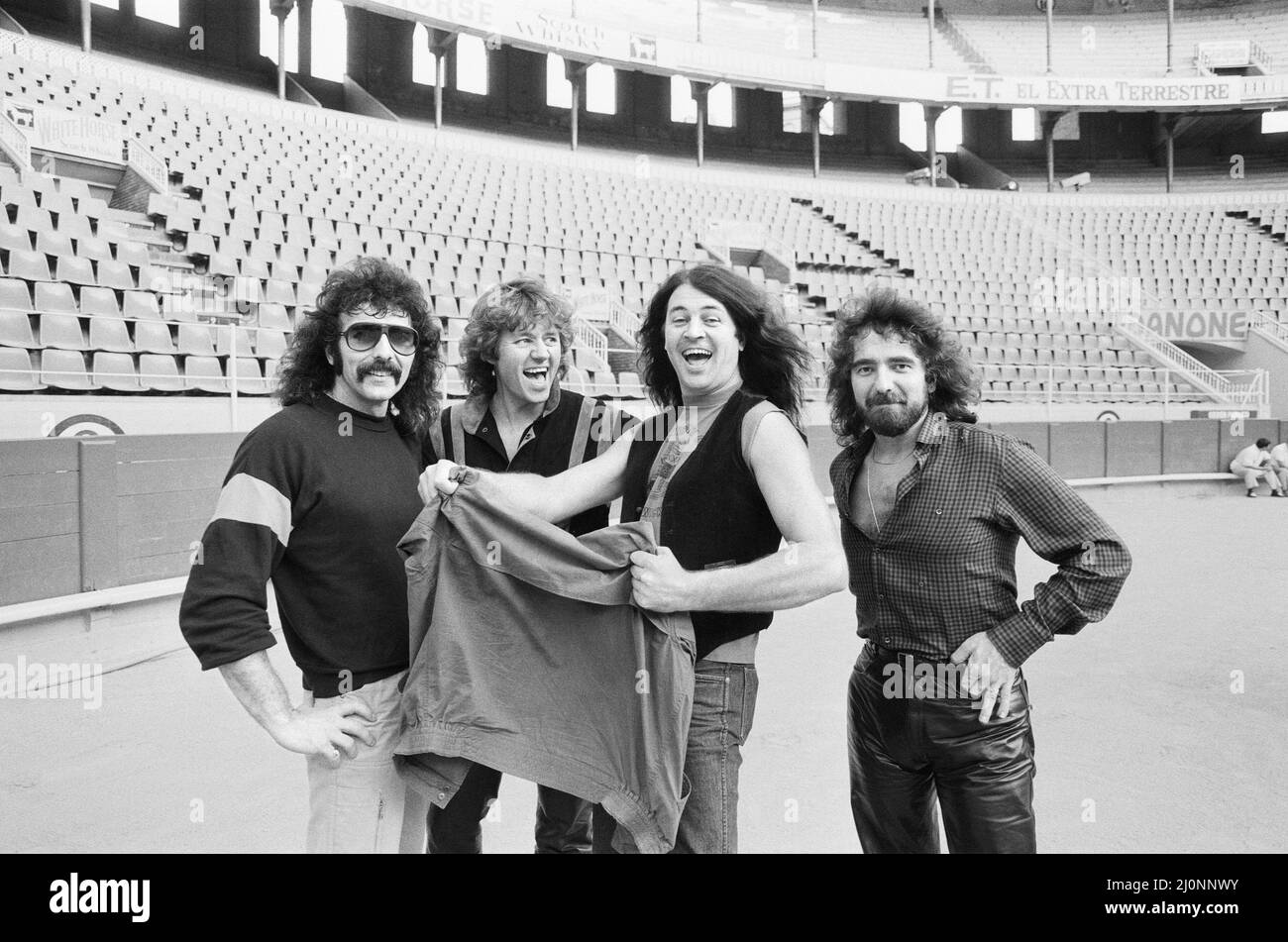 Black Sabbath in Spain part of their European tour.(Picture) Heavy metal group Black Sabbath (clockwise) Tony Iommi, Bill Ward, Ian Gillan and Geezer Butler. 14th September 1983 Stock Photo