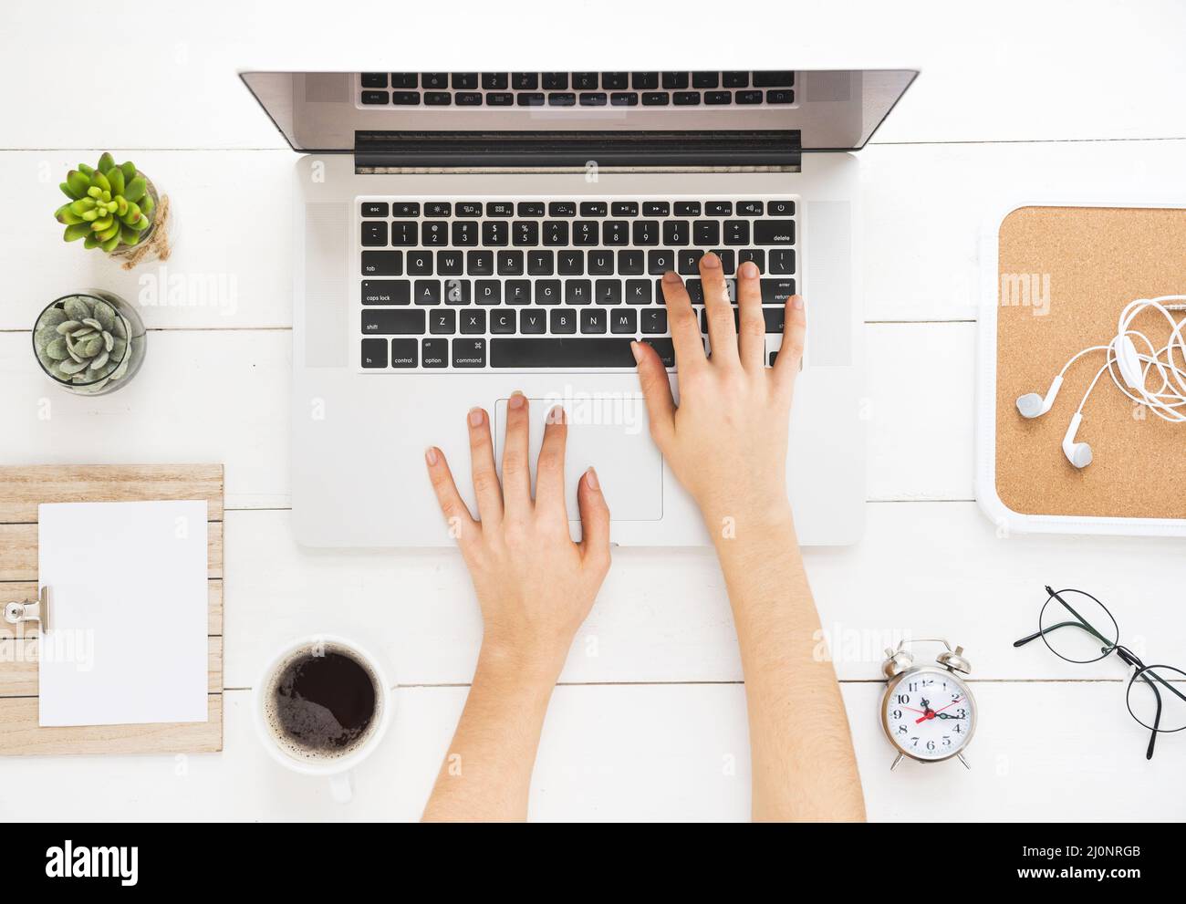 Top view office desk during work. High quality and resolution beautiful