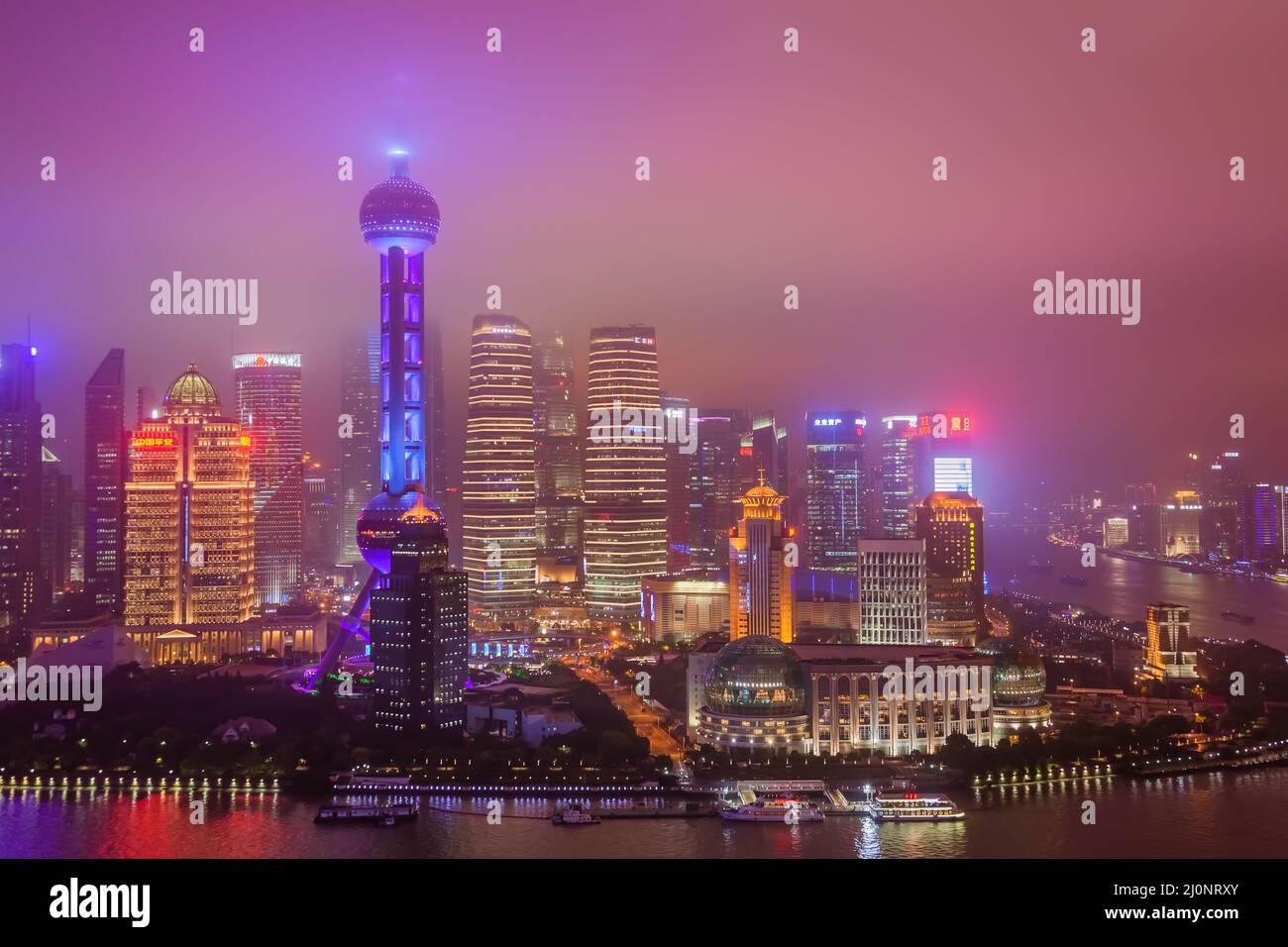 Shanghai, China - May 21, 2018: A night view of the modern Pudong skyline in Shanghai, China Stock Photo