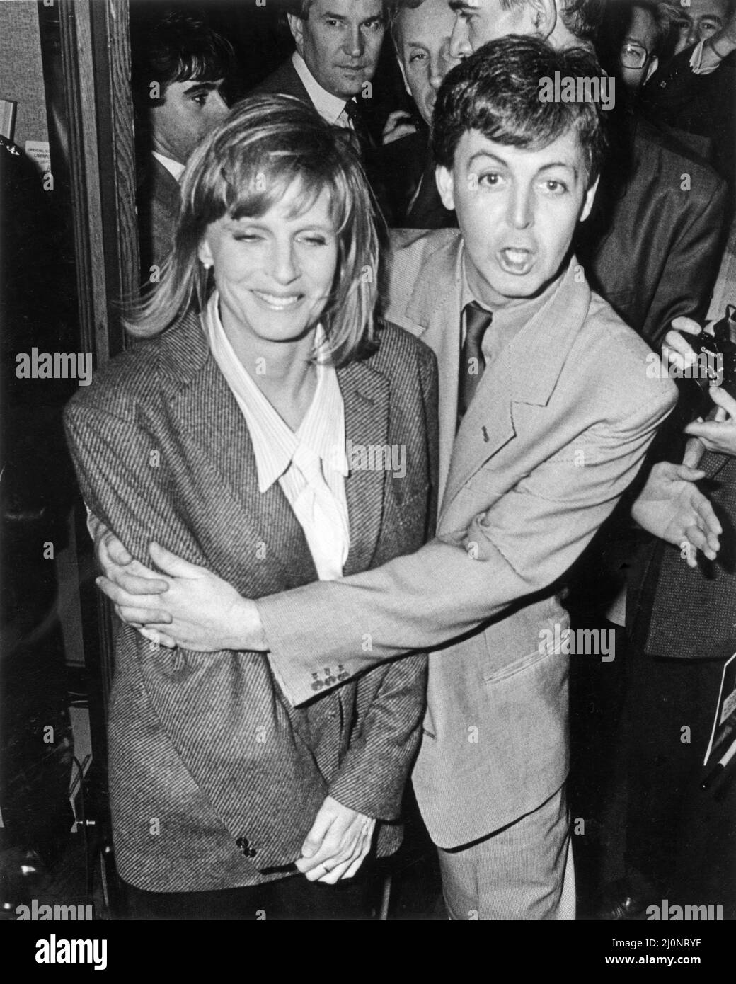 Paul McCartney, in Liverpool, on the day he receives the title of Honorary Freedom of the City of Liverpool.Paul is on arrival at The Picton Library, with his wife Linda McCartney.  Picture taken 28th November 1984. Stock Photo