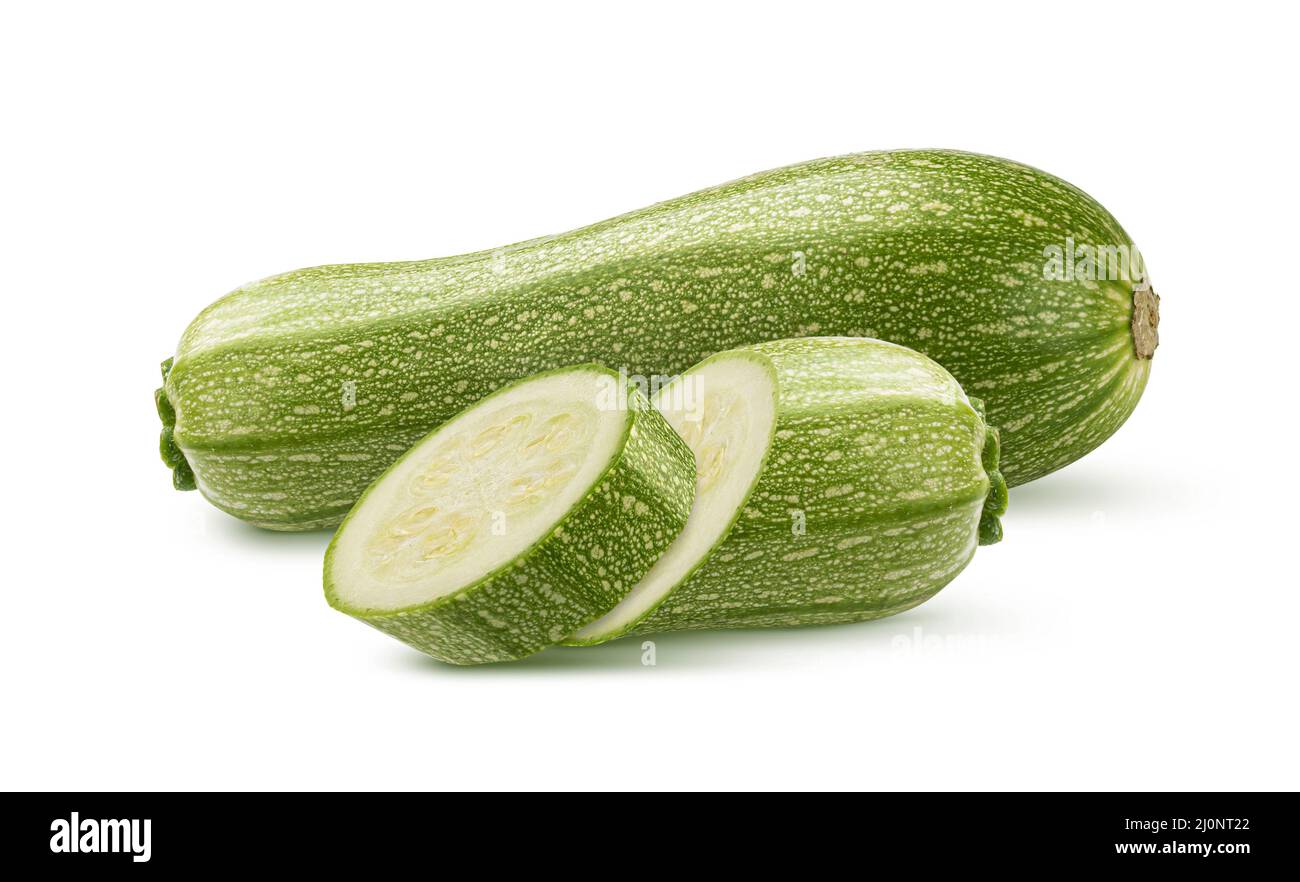 Green zucchini with slice isolated on white background Stock Photo