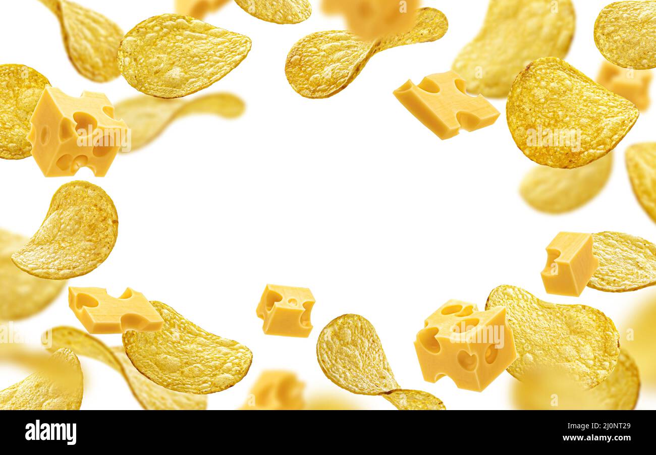 Potato chips with cheese isolated on white background Stock Photo