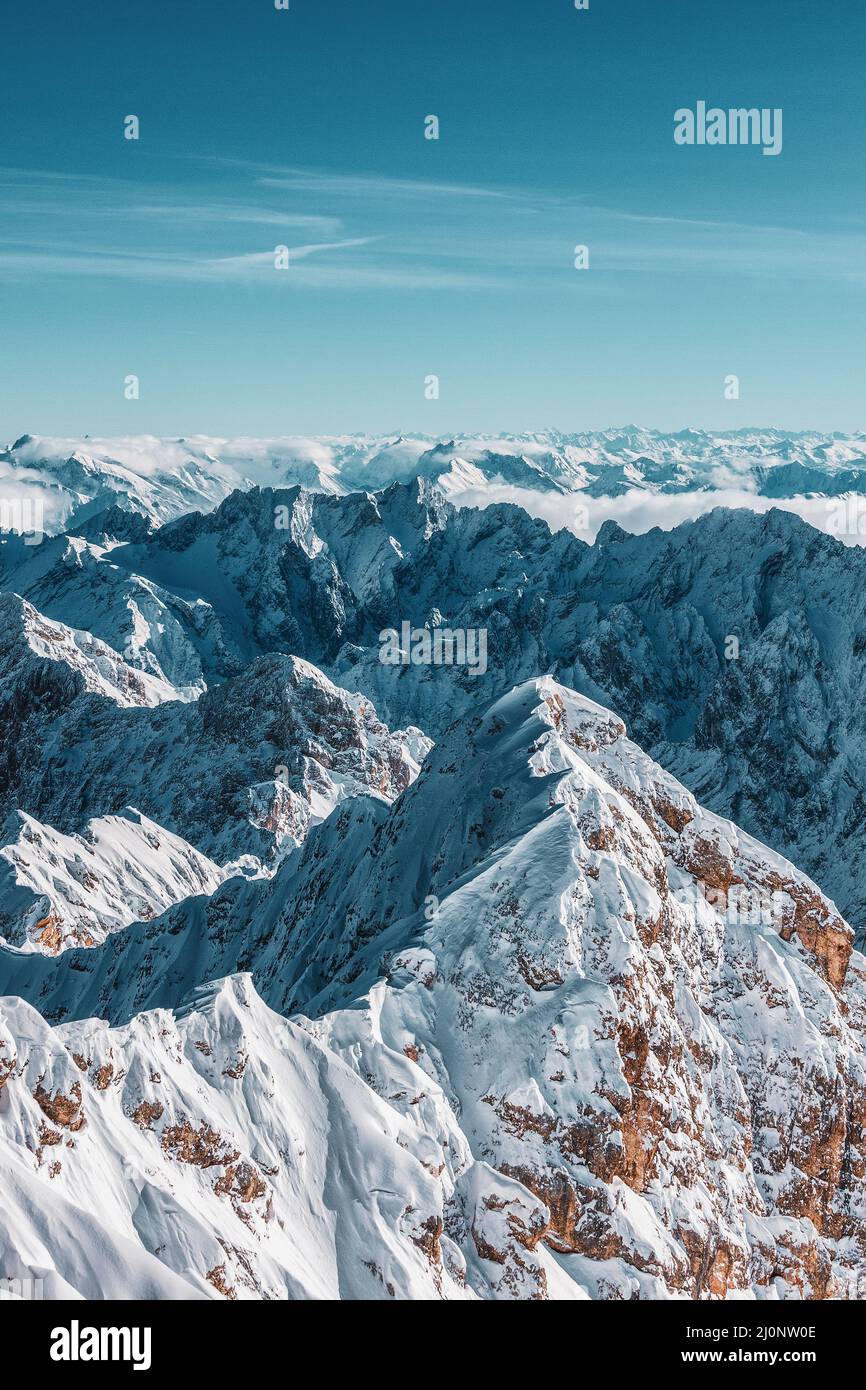 Mountain panorama from the viewing platform on the Zugspitze. German and Austrian ski areas. Stock Photo