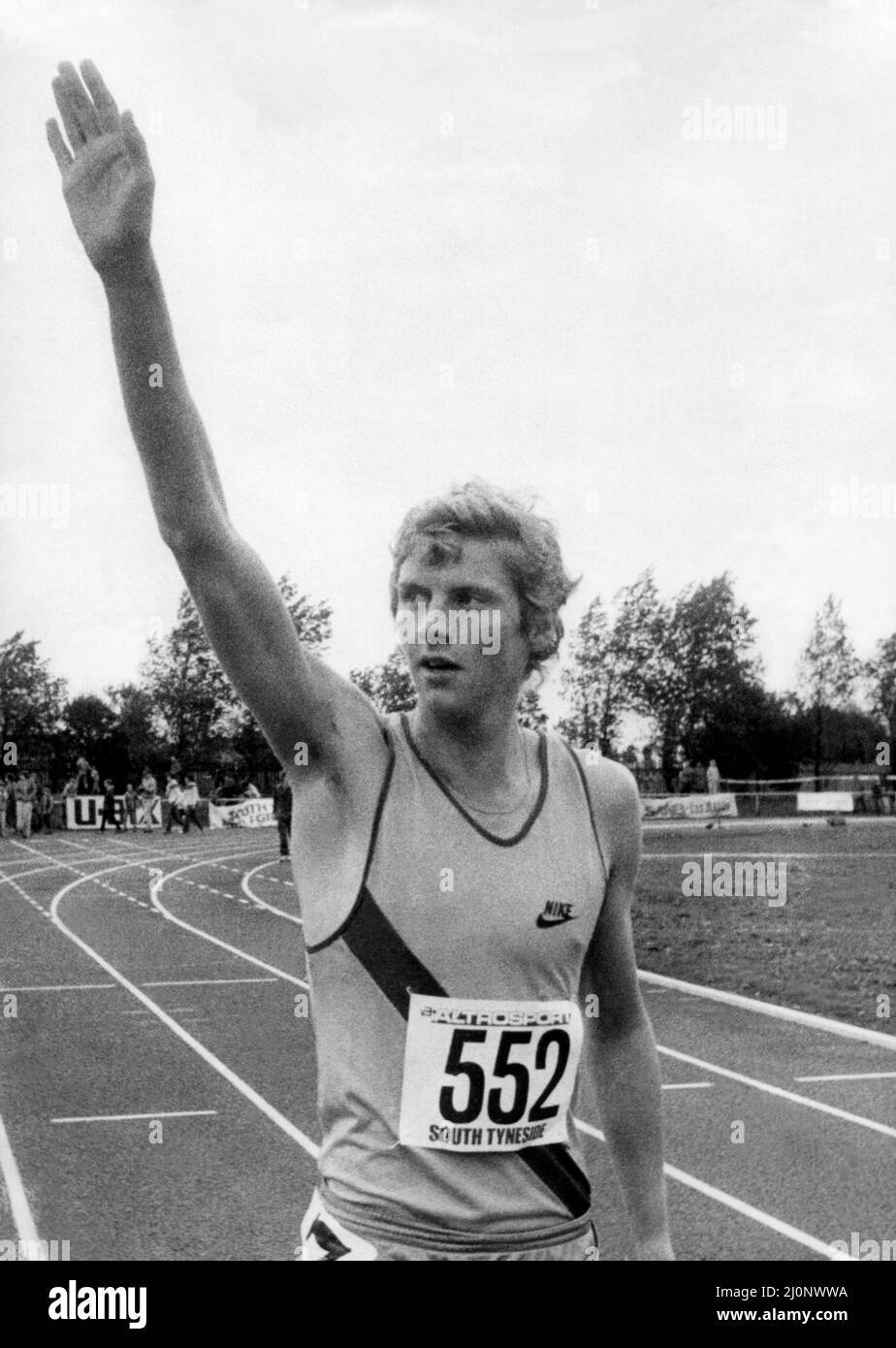 Athlete Steve Cram  Steve Cram after he won the invitation mile at the opening of new £350,000 synthetic track at Monkton Stadium in Jarrow, the home of Steve's club, Jarrow and Hebburn, 11 September 1983. Stock Photo