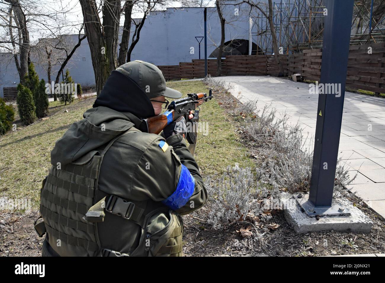 18 March 2022 Odessa, Ukraine Dima, a young man (with orange vest