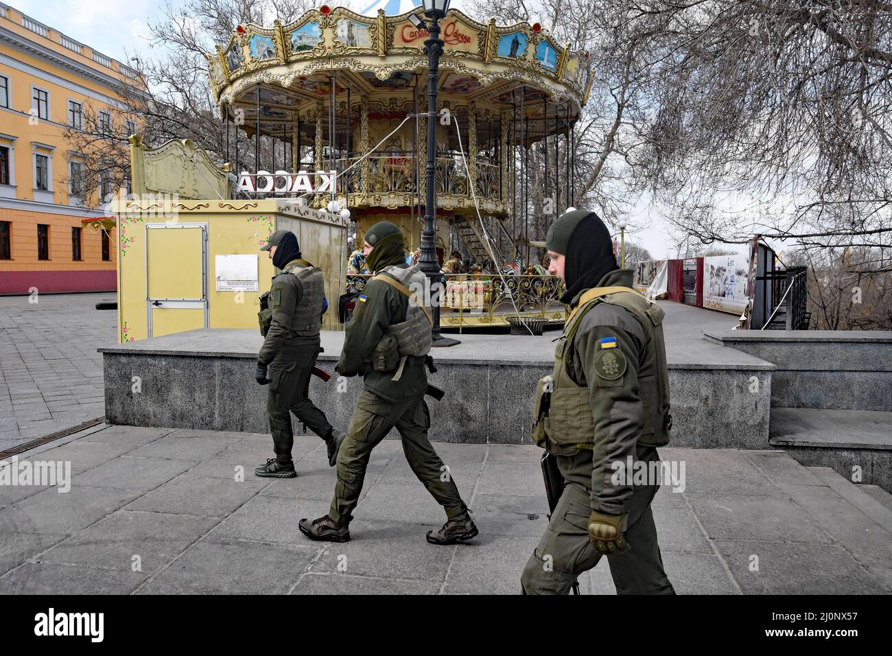 18 March 2022 Odessa, Ukraine Dima, a young man (with orange vest
