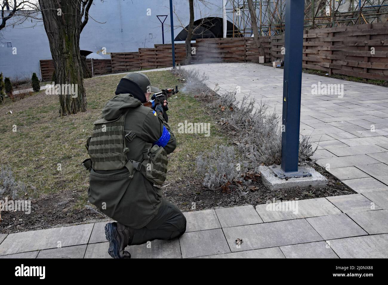 18 March 2022 Odessa, Ukraine Dima, a young man (with orange vest