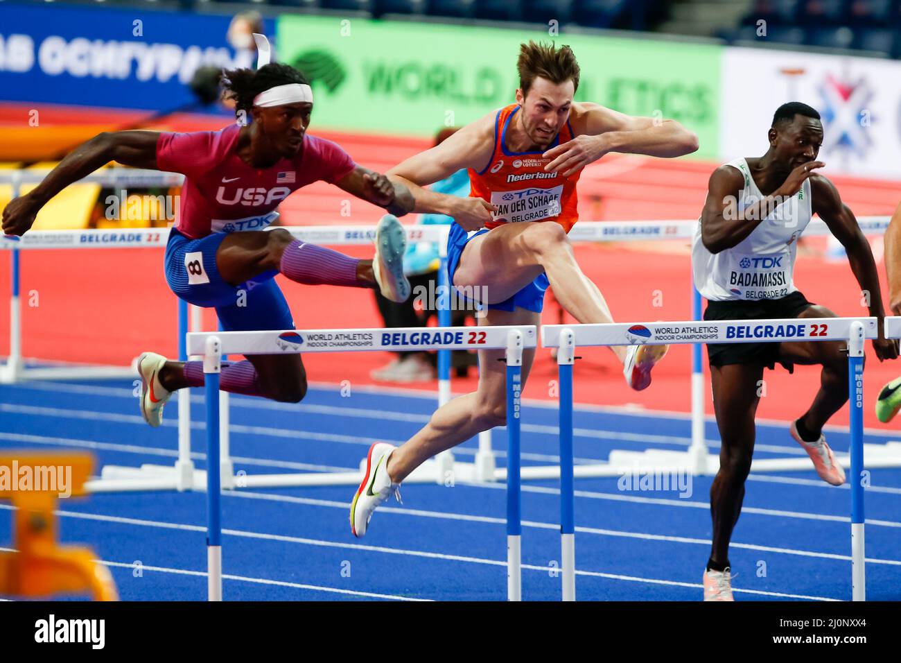 Belgrade, Serbia. 20th Mar, 2022. BELGRADE, SERBIA - MARCH 20: Liam van der Schaaf of the Netherlands competing in the men's 60m hurdles round 1 heat during the World Athletics Indoor Championships at the Belgrade Arena on March 20, 2022 in Belgrade, Serbia (Photo by Nikola Krstic/Orange Pictures) Atletiekunie Credit: Orange Pics BV/Alamy Live News Stock Photo