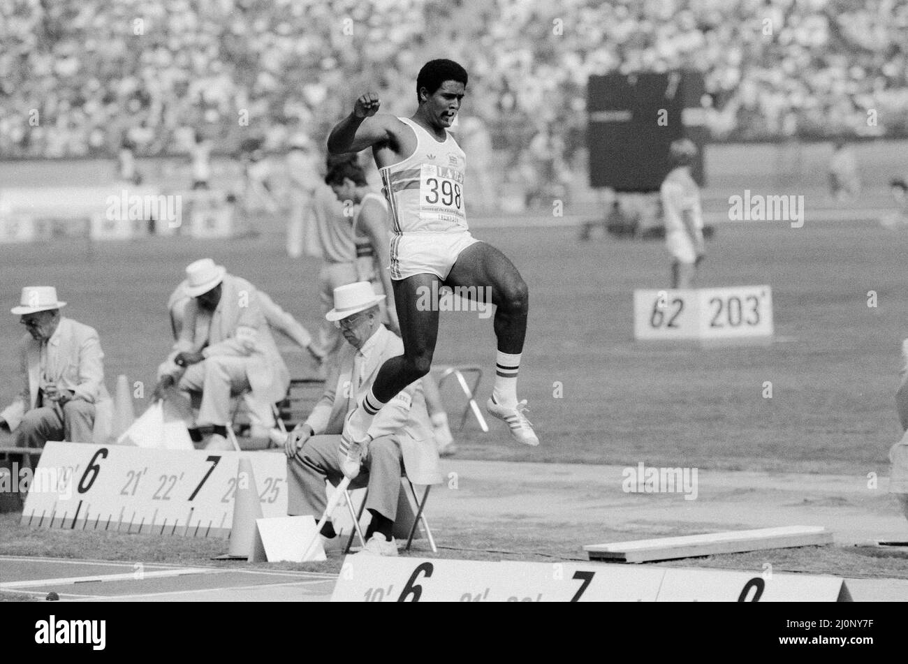 Print of Daley Thompson wins the decathlon 100m at the 1984 Los Angeles  Olympics