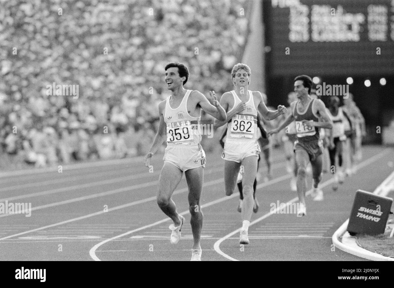 1984 Olympic Games in Los Angeles, USA. Mens Athletics. Great Britain's Sebastain Coe wins the 1500 metres gold medal followed by fellow Brit Steve Cram who took silver. 11th August 1984. Stock Photo