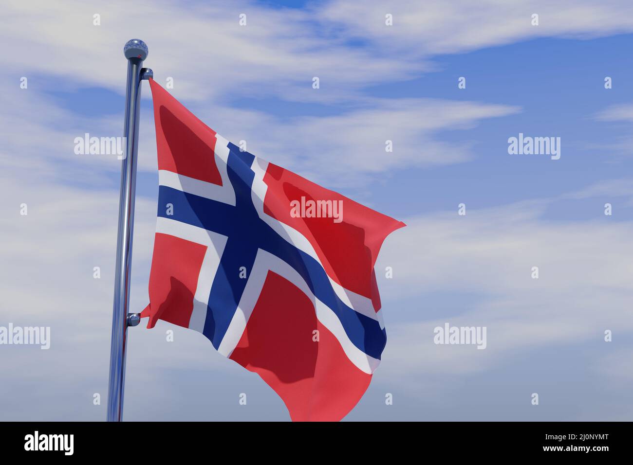 3D illustration of the waving flag of Norway with a flag pole in the ...