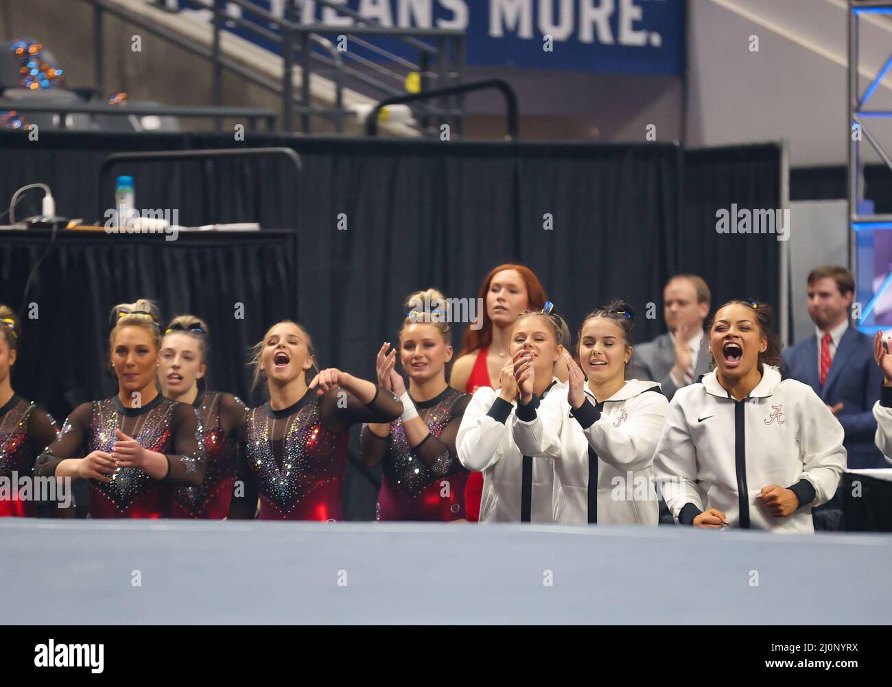 March 19, 2022 Members of the Alabama women's gymnastics team cheer on