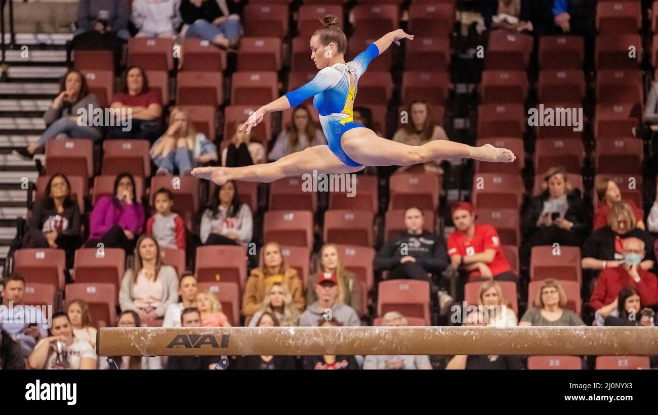 UCLA's Norah Flatley scores a 9.925 on the balance beam at the Pac12 Women's Gymnastics Championship at Maverik Center in Salt Lake City, Utah on March 19, 2022 (photo by Jeff Wong/Sipa USA). Stock Photo