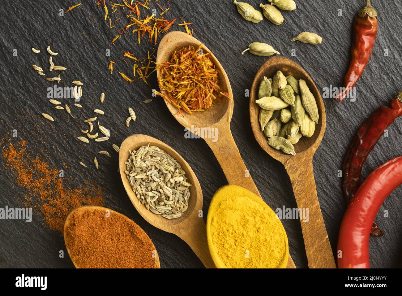 Top view indian spices with wooden spoons (1). High quality and resolution beautiful photo concept Stock Photo