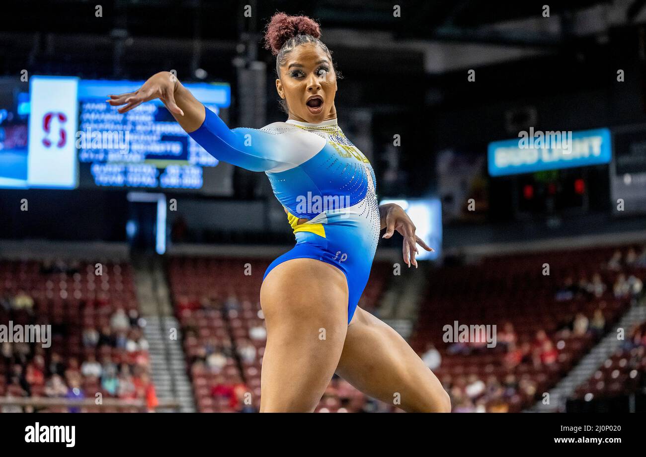 UCLA's Jordan Chiles, a 2020 Olympic team silver medalist and member of the US Team since 2013, scores 9.875 on floor exercise at the Pac12 Women's Gymnastics Championship at Maverik Center in Salt Lake City, Utah on March 19, 2022 (photo by Jeff Wong/Sipa USA). Stock Photo