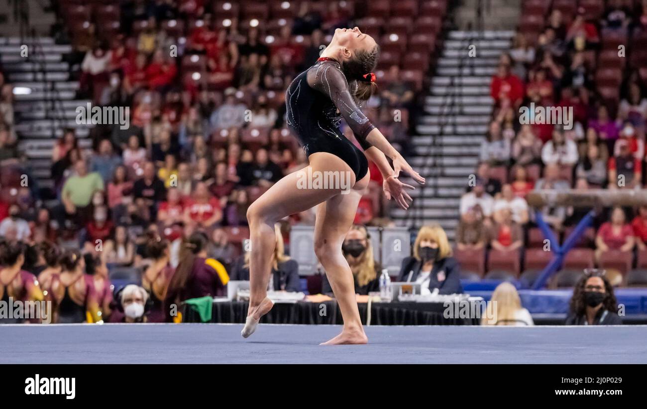 The University of Utah's Maile O'Keefe tied for third on floor exercise and tied for third all around win at the Pac12 Women's Gymnastics Championship at Maverik Center in Salt Lake City, Utah on March 19, 2022 (photo by Jeff Wong/Sipa USA). Stock Photo