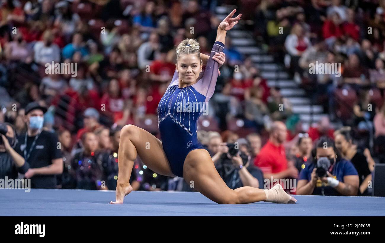 The University of California at Berkeley's Grace Quinn tied for third on floor exercise with a score of 9.925 at the Pac12 Women's Gymnastics Championship at Maverik Center in Salt Lake City, Utah on March 19, 2022 (photo by Jeff Wong/Sipa USA). Stock Photo