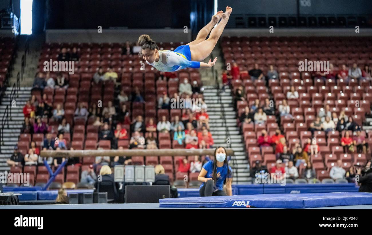 UCLA's Emma Malabuyo, a five time US Team Member and Olympic alternate, scored 9.925 and tied for second on floor exercise at the Pac12 Women's Gymnastics Championship at Maverik Center in Salt Lake City, Utah on March 19, 2022 (photo by Jeff Wong/Sipa USA). Stock Photo