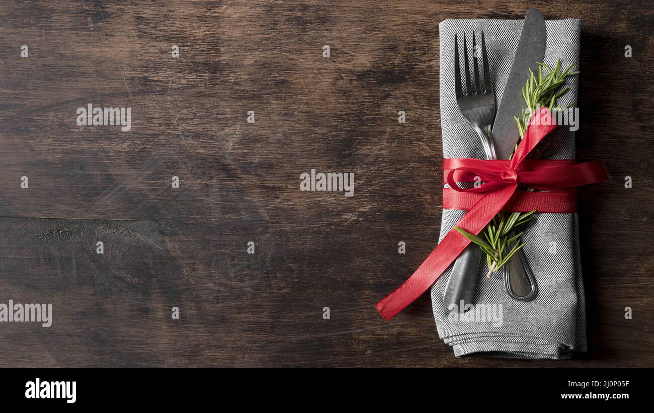 Top view christmas tableware arrangement with copy space. High quality and resolution beautiful photo concept Stock Photo