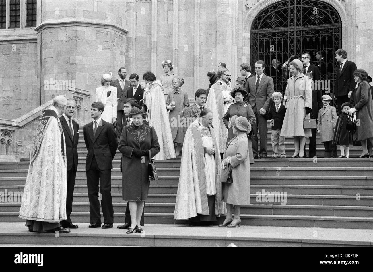 The Royal family pictured at St George's Chapel, Windsor, after the Church service. 25th December 1983. Stock Photo