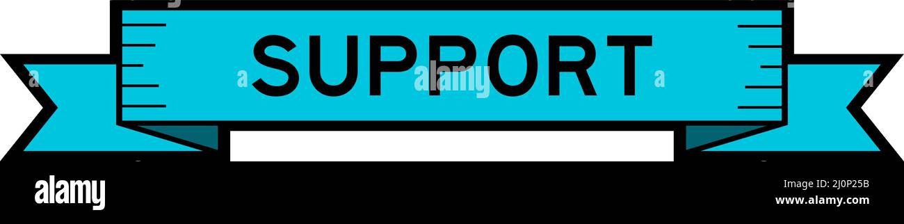 Ribbon label banner with word support in blue color on white background ...