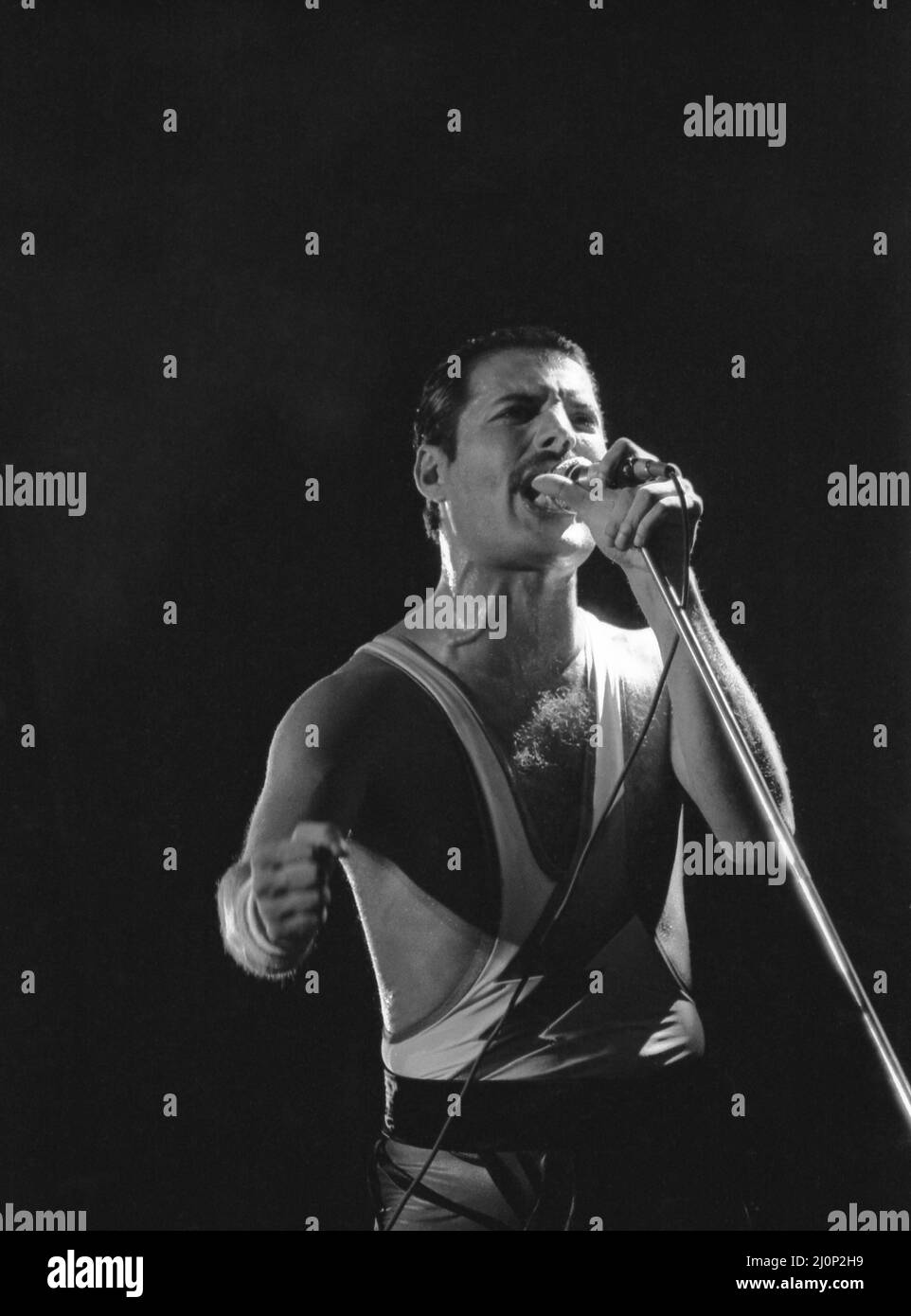 Freddie Mercury, lead singer of rock group Queen, delighted a packed audience. The concert took
