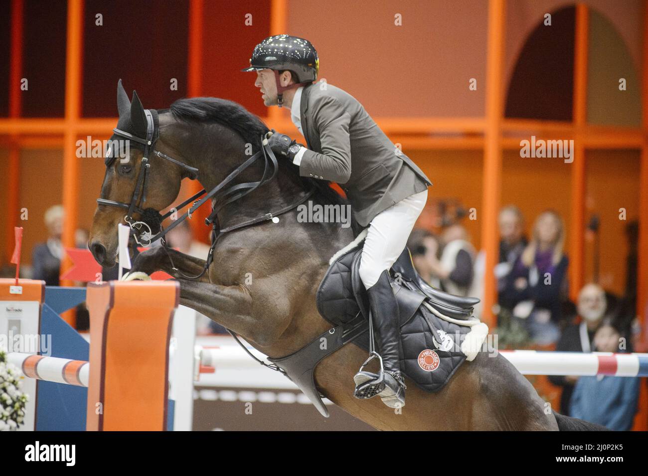 Simon DELESTRE (FRA) riding CAYMAN JOLLY JUMPER during the Saut Hermes prize at the Saut-Hermes 2022, equestrian FEI event on March 19, 2022 at the ephemeral Grand-palais in Paris, France - Photo Christophe Bricot / DPPI Stock Photo