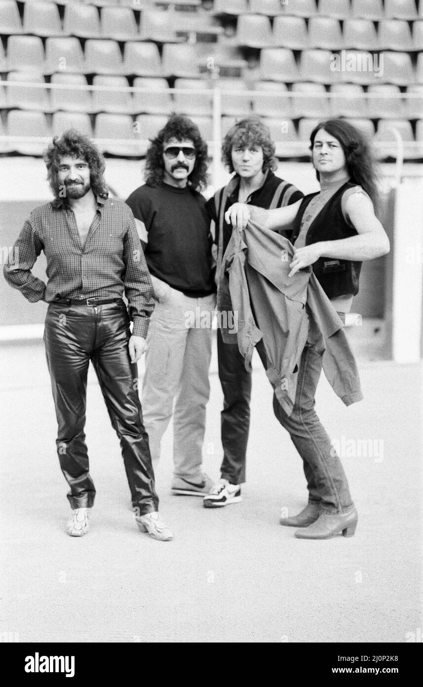 Black Sabbath in Spain part of their European tour.(Picture) Heavy metal group Black Sabbath (clockwise) Geezer Butler, Tony Iommi, Bill Ward and Ian Gillan. 14th September 1983 Stock Photo