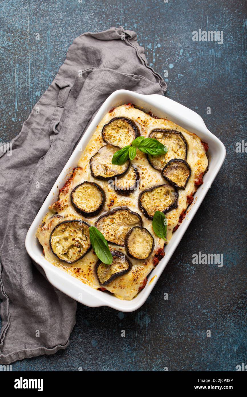 Greek baked dish Moussaka from above Stock Photo Alamy