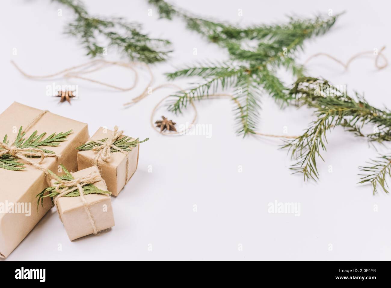Wrapped christmas gifts near coniferous twigs. High quality and resolution beautiful photo concept Stock Photo