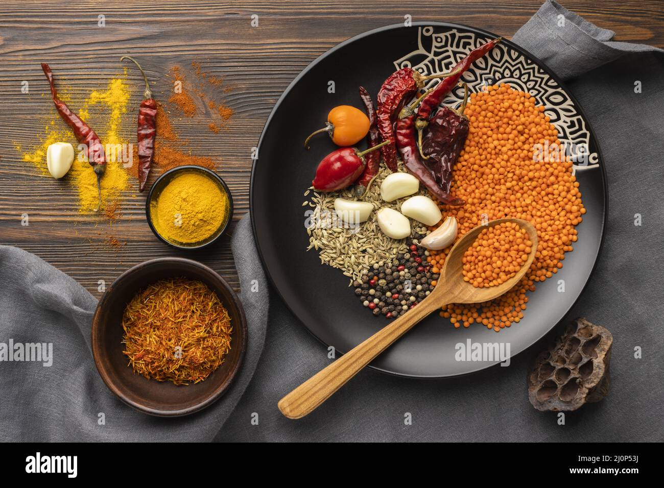 Top view indian spices plate. High quality and resolution beautiful photo concept Stock Photo