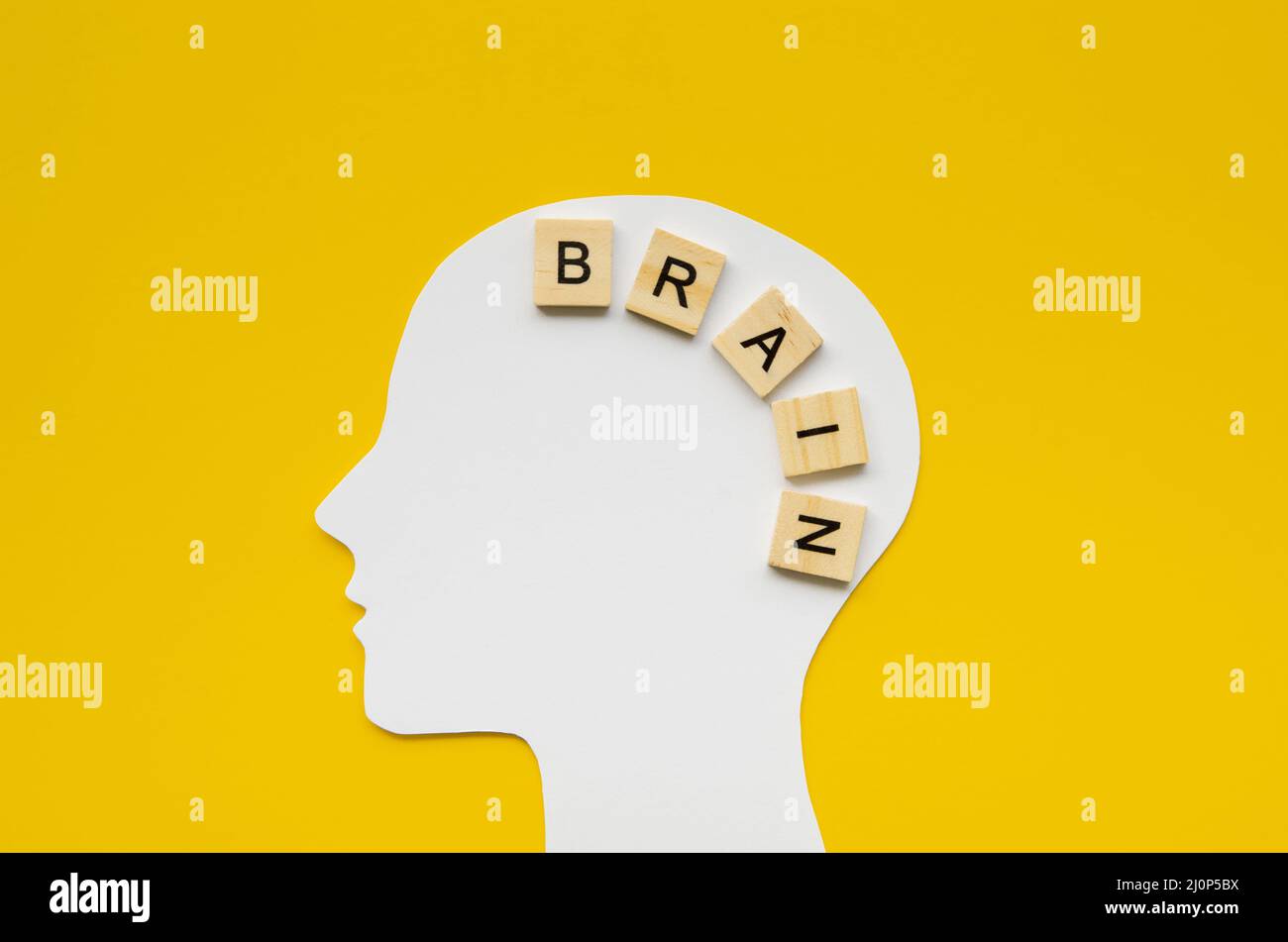 White head with brain word from scrabbles letters. High quality and resolution beautiful photo concept Stock Photo