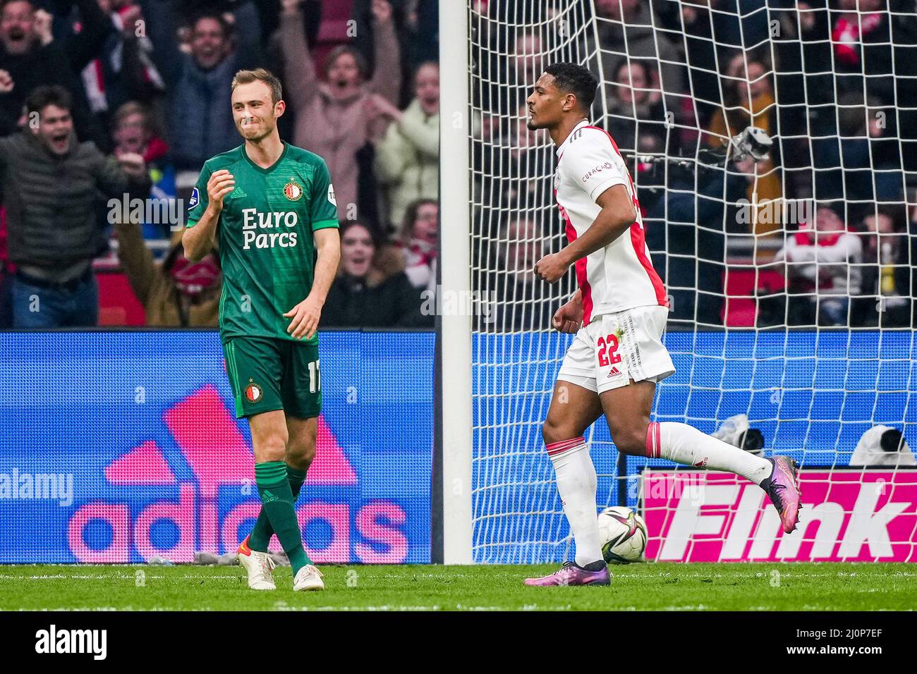 Amsterdam, Netherlands. 20th Mar, 2022. Amsterdam - Sebastien Haller of Ajax scores the 1-1 during the match between Ajax v Feyenoord at Johan Cruijff ArenA on 20 March 2022 in Amsterdam, Netherlands. Credit: box to box pictures/Alamy Live News Stock Photo