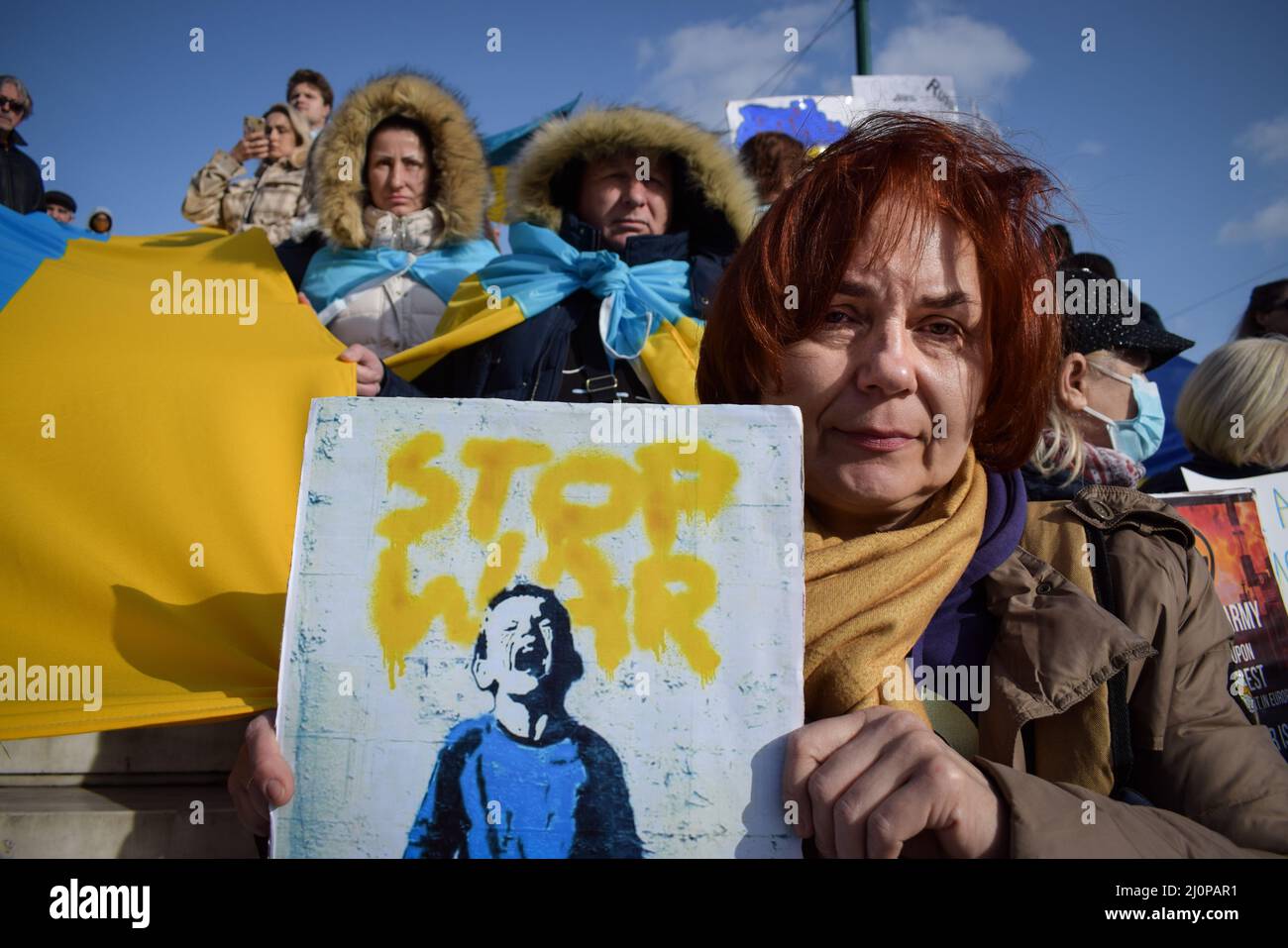 Ukrainian refugees protest against the Russian invasion of Ukraine, holding placards and Ukrainian flags, at central Syntagma square ahead of the Greek Parliament in Athens, Greece on March 19, 2022.  (Photo by Dimitris Aspiotis/Pacific Press/Sipa USA) Stock Photo