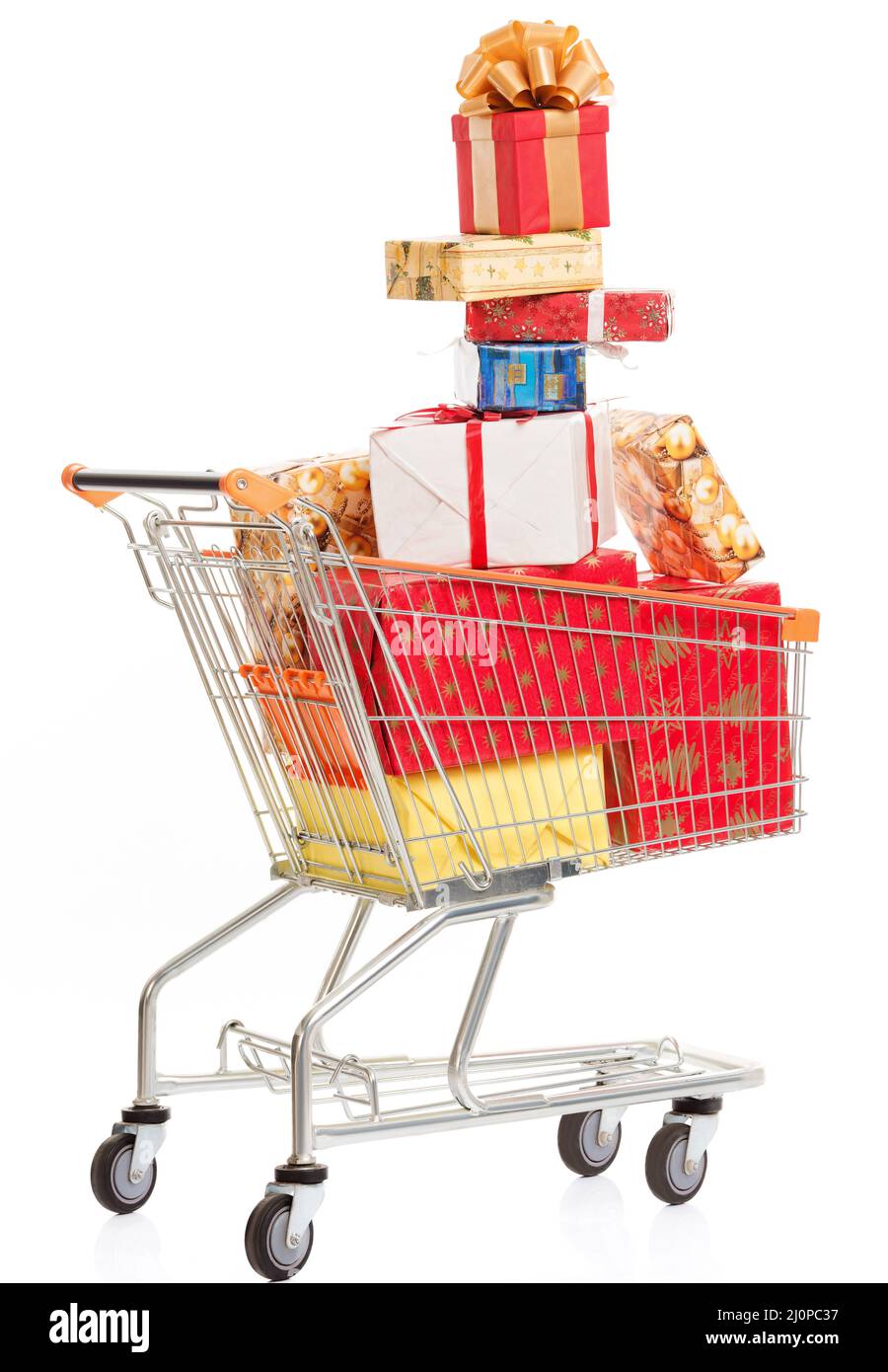 Pyramid of Christmas Gifts, Multicolored Boxes Fill a Shopping Cart on a White Background. Christmas Shopping Season. Close-up Stock Photo