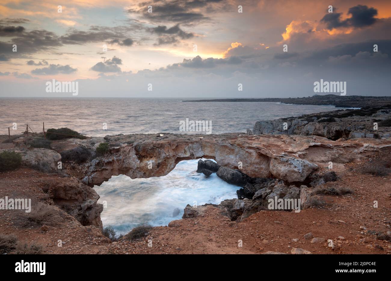 Seascape with windy waves during stormy weather at sunset. Cape greko Cyprus Stock Photo