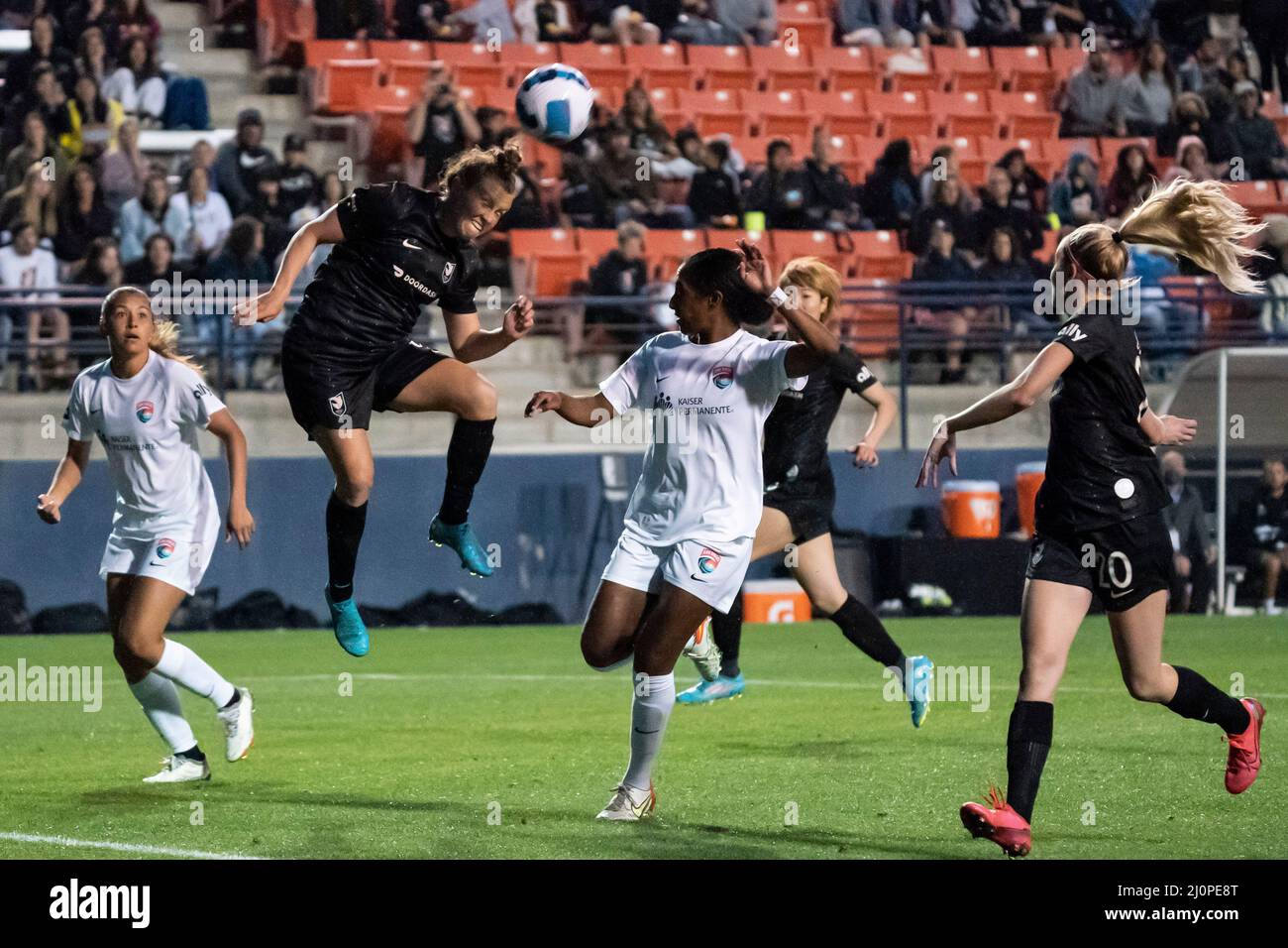 Angel City FC midfielder Savanna McCaskill (9) scores a goal on a header during a NWSL match against the San Diego Wave, Saturday, March 19, 2022, at Stock Photo